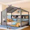 Full Size Floor House Bed with Roof and Window for Kids, Wooden Playhouse Bed with Storage Shelves for Bedroom Furniture Girls & Boys (Gray/L1, Full)