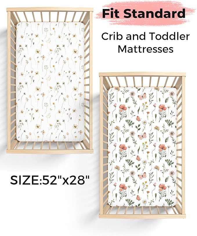 Crib Sheets for Boys and Girls, 2 Pack Fitted Baby Sheets for Standard Toddler Mattress 28" x 52", Soft Breathable Jersey Knit Baby Bedding (Butterfly Garden)