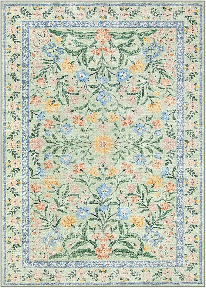 Wonnitar 10x14 Machine Washable Area Rugs, Green Floral Large Rugs for Living Room, Ultra-Thin Foldable Boho Flower Print Bedroom Carpet for Dorm Apartment Office