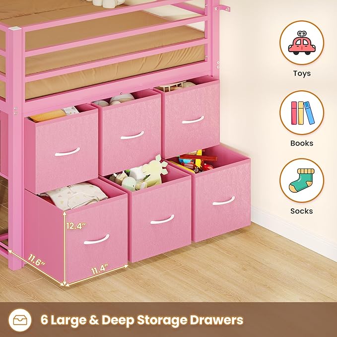BTHFST Low Loft Bed Twin Size with 6 Storage Drawers, LED Lights, 2 Tier Storage Shelves, Kids Metal Loft Bed with 15" H Stairs & Safety Guardrail, Spave Saving, Pink