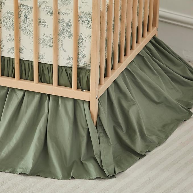 Brandream Crib Bed Skirt for Baby Girls Boys Gray Boho Bohemian Neutral Solid Cotton Toddler Bedskirt Farmhouse Chic Ruffle, Vintage Green