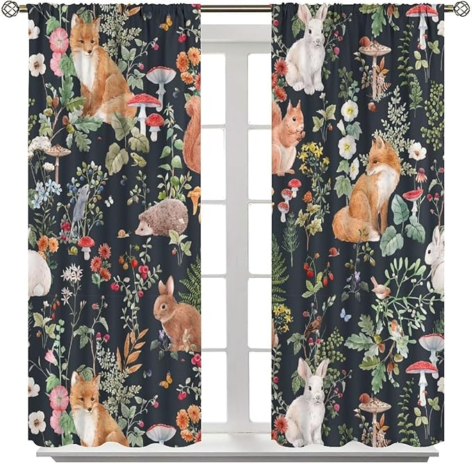 Animal Curtains, Watercolor Forest Animals Plants Pattern Blackout Window Treatments, Rod Pocket Thermal Insulated Drapes 2 Panel Sets for Bedroom Living Room, 84" W X 84" L
