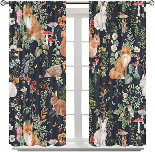 Animal Curtains, Watercolor Forest Animals Plants Pattern Window Treatments, Rod Pocket Thermal Insulated Drapes 2 Panel Sets for Bedroom Living Room, 42" W X 45" L【Decor】