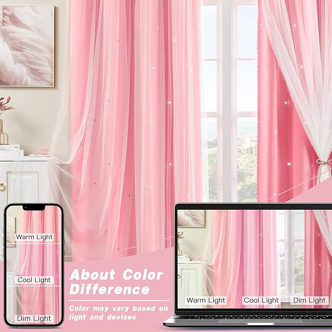 XiDi Pink Curtains for Girls Nursery Room 90 Inches Long Blackout Double Layer Curtains with Sheer Overlay for Kids Toddler Princess Bedroom Living Room Darkening Grommet Window Drapes W34 X L90