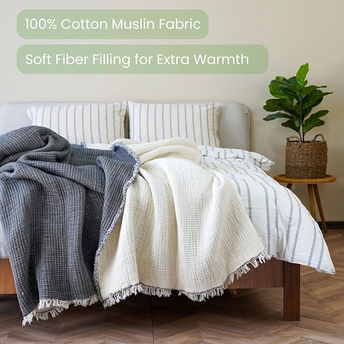 Christmas Muslin Comforter – Cotton Muslin Blanket with Soft Fiber Filling, Breathable & Cozy Muslin Throw Blanket, Reversible Holiday Quilt (Charcoal Gray, Queen (U.S. Standard))