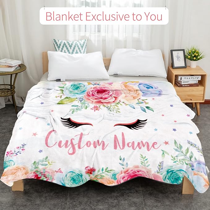 Personalized Unicorn Blanket Name Girl, Custom Name Blanket Kids, Soft Flannel Pink Unicorn Toddler Blanket Customized Gift Birthday Christmas Baby Shower Newborn Gift 30''x40''