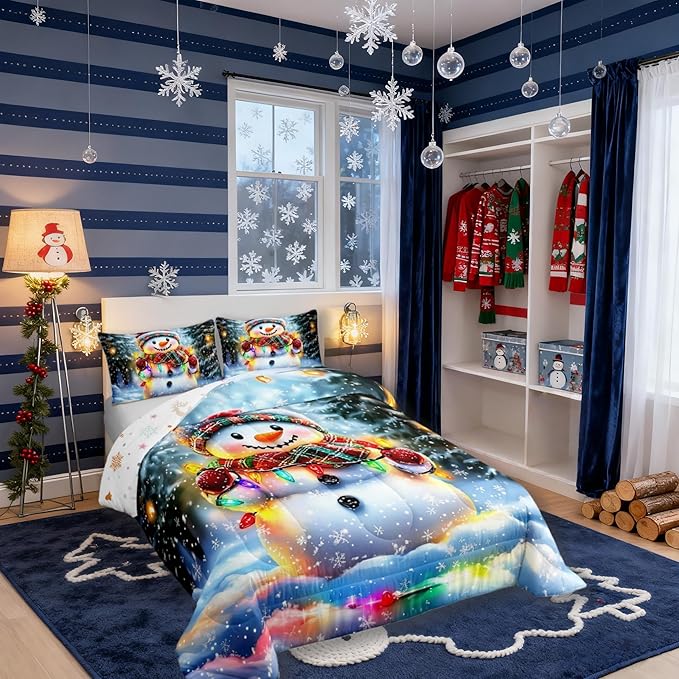 Lovely Snowman Kids Bedding Set Queen Size,Xmas Colorful Lanterns Snowflake Comforter Set,Winter Merry Christmas Quilt Comforter,Rainbow Bedroom Duvet Insert,2 Pillowcases