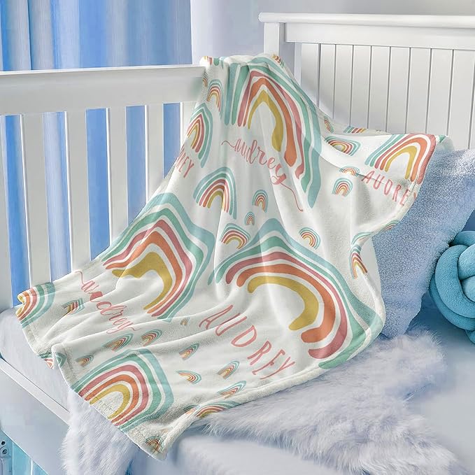 Ship Next Day, Customized Baby Blanket for Girls, Personalized Baby Girl Blanket with Name, Rainbow Decor Newborn Receiving Blankets for Girls Swaddle, Custom Babies Shower Birthday