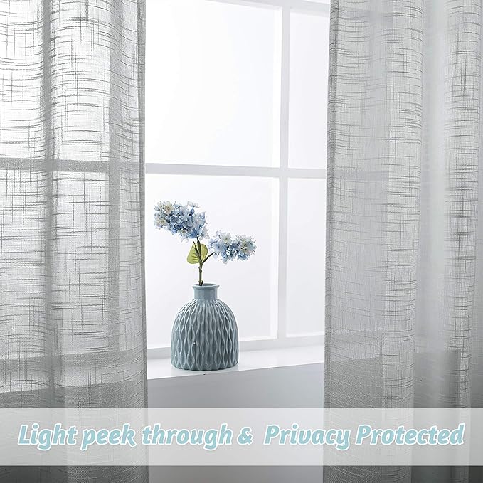 RYB Home Linen Sheer Curtains - Linen Textured Semi Sheer Curtains for Home Office Kids Nursery Bedroom Window, 52 inches Wide x 63 inches Long per Panel, 2 Panels, Grey