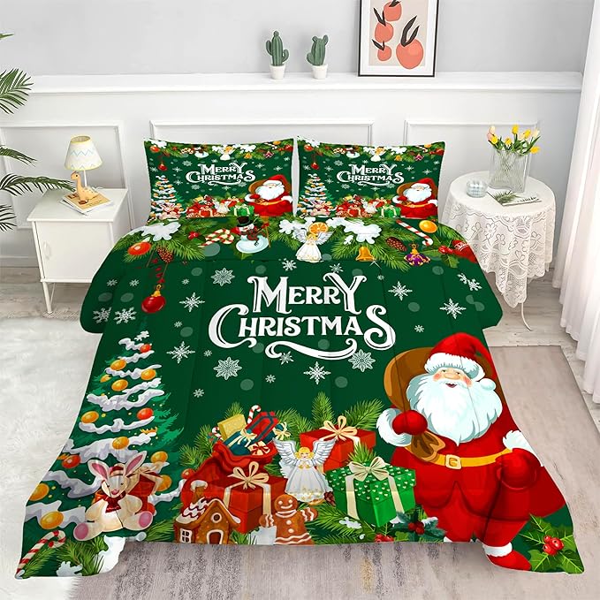 Comforter Set Green Christmas: King Size Merry Xmas Santa Claus Bedding Sets Christmas Tree Snowflakes Quilts for Adults Women Men New Year Decor Bed Set 1 Comforter & 2 Pillowcases