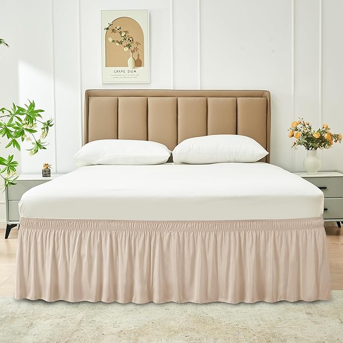 Biscaynebay Wrap Around Bed Skirts for King & Cal King Beds 19" Long Drop, Sand Adjustable Elastic Dust Ruffles Easy Fit Wrinkle Resistant Silky Luxurious Fabric Machine Washable
