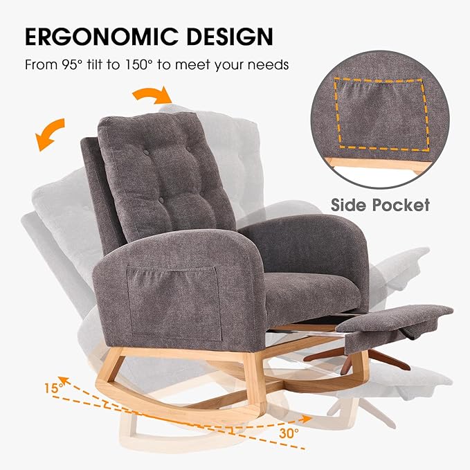 NIOIIKIT Nursery Rocking Chair, Linen Upholstered Glider Chair with Footrest, Tufted Rocker Recliner with Side Pocket, Comfy Recliner Glider, Accent Chair for Living Room (Grey Linen)
