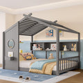 Full Size House Bed with Storage Shelves for Kids,Kids Montessori Floor Bed, Cute Wood House Bed Frame Full with Roof for Girls,Boys,Can be Decorated,Gray