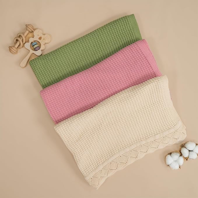 Baby Knit Blanket, 100% Cotton Waffle Patterns, Soft, Cozy, Lightweight Swaddle for Newborn & Infant Swaddling Beige Neutral, Perfect Baby Shower Ideas Baby Blue 28x36
