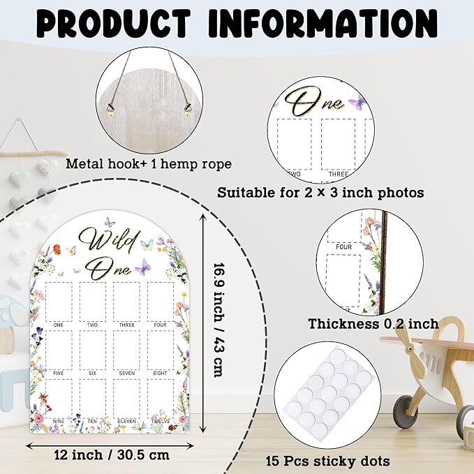 Wild One My First Year Photo Board, Wildflower Baby Milestone Signs for Boys Girls Nursery Decor, 12 Month Wooden Picture Board for 2x3 Photos, Best Babies Keepsake Gifts-A19