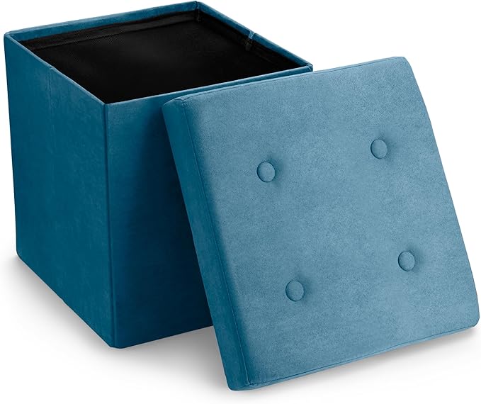 Sorbus Storage Ottoman Foot Rest Cube– Small Folding Ottoman Bedroom Bench Chest 15 Inch Box Coffee Table, Shoe Storage, Foot Stool, Pouf Storage Ottoman, Seat, Suede Velvet Fabric - Teal Blue