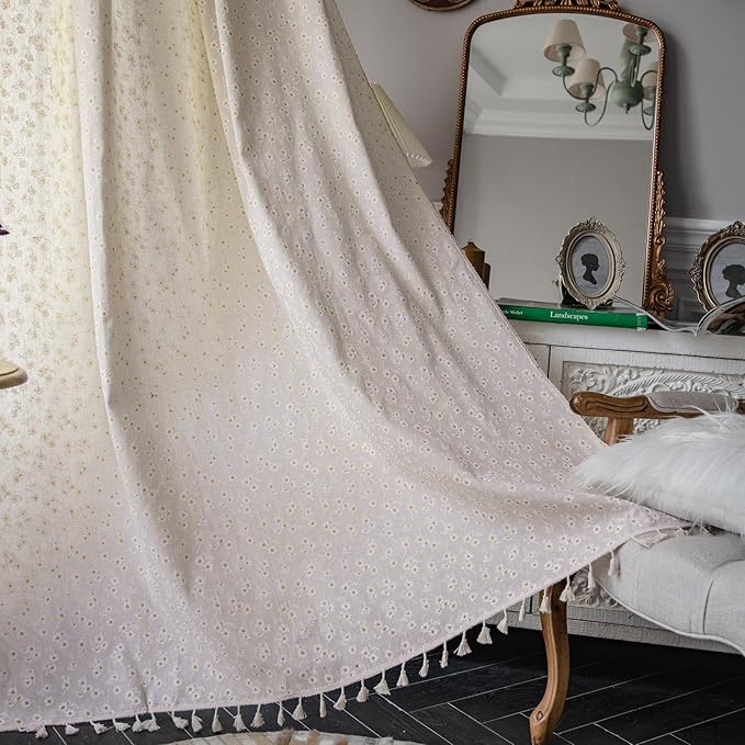 ENJOYBRIDAL Daisy Floral Curtains 63 Inch Length 4 Panels Short Drapes Tassel Rod Pocket Semi Sheer Boho Window Curtain Panels Bedroom Living Room Farmhouse Rustic Bohemian Window Treatment