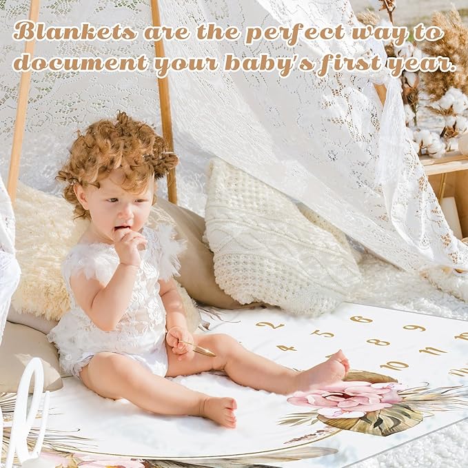 Chumia Baby Monthly Milestone Blanket for Girl Boy 59"x39" Floral Boho Photo Prop Blanket Baby Age Milestone with Felt Wreath Frame