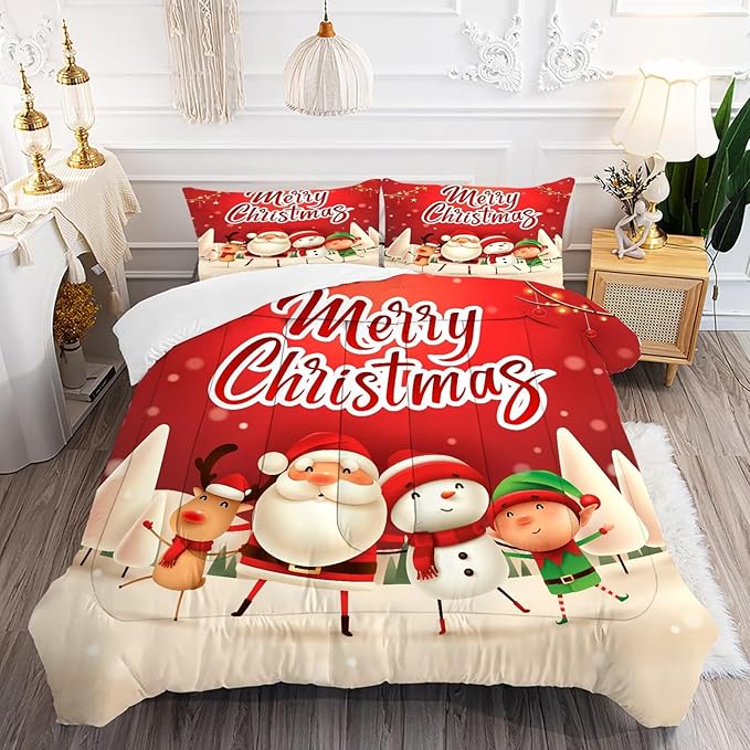 Christmas Bedding Sets Xmas Santa Gnomes Comforter Sets Full Size for Kids Boys Girls Bedroom Snowing Santa Claus Quilt,1 Comforter + 2 Pillow Cases