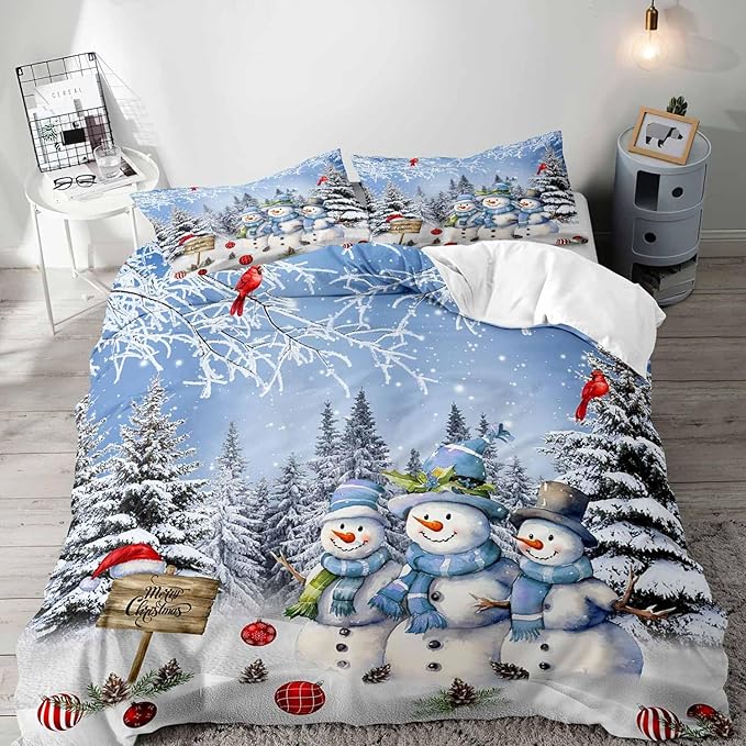 LUVIVIHOME 3PCS Snowman Duvet Cover Full Bedding Set, Boys Girls Kids Bedding, Red Cardinal Bird Santa Hat Xmas Balls Christmas Tree Winter Holiday Light Blue Christmas Comforter Cover, 2 Pillow Cases