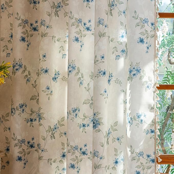 ENJOYBRIDAL Blue Floral Curtains 96 Inches Bedroom Cute Drapes Rod Pocket Boho Semi Sheer Long Window Curtain Panels Rustic Living Room Farmhouse 2 Panels Vintage Window Treatments