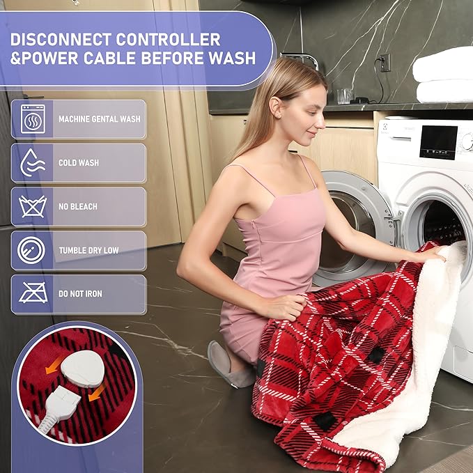 Electric Blanket Heated Twin, Soft Flannel 62"x84" Plaid Heating Blanket with 8 Hours Auto Off 10 Fast Heating Levels Machine Washable Sherpa Heated Blanket with Overheating Protection
