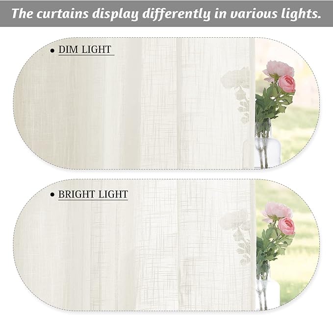 RYB HOME Sheer Curtains for Living Room - Linen Textured Wave Semi Translucent Privacy Light Filtering Drapes for Office Bedroom Patio Door, 52 inch Wide x 96 inches Long, 1 Pair, Cream