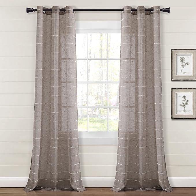 Lush Decor Farmhouse Textured Grommet Sheer Window Curtain Panel Pair, 38"W x 95"L, Brown