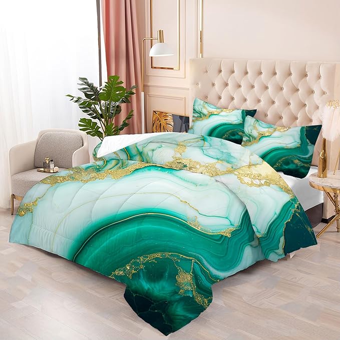 Comforter Set Green Marble: Full Size Emerald Green Gold Bedding Set for Teen Girls Kids Adults Abstract Turquoise Watercolor Marbling Quilt Bed Sets 1 Comforter & 2 Pillowcases
