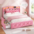 DICTAC Full Size Bed Frame for Girls with 4 Storage Drawers, Bookcase Headboard, LED Lights and Power Outlets, Diamond Tufted Velvet Upholstered Princess Platform Bed, Heavy-Duty Metal Support, Pink
