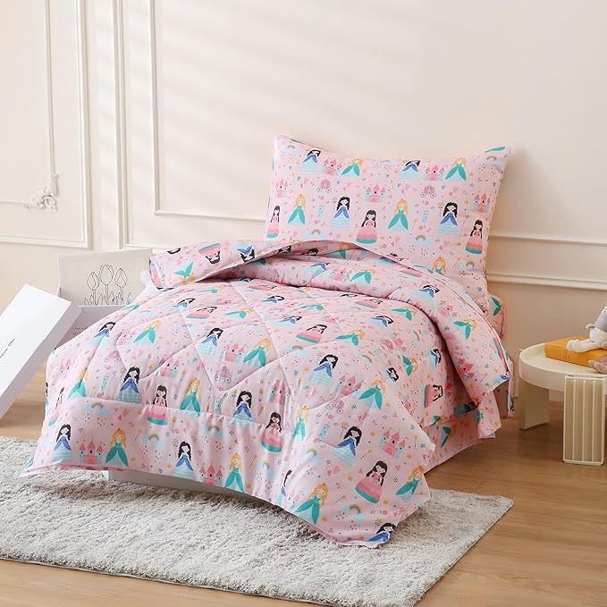 LONAVA Twin Kids Comforter Set - 4 Pieces Twin Bedding Sets for Boys Girls Children, Ultra Soft Microfiber Bed in A Bag with Flat Fitted Sheets, Princess