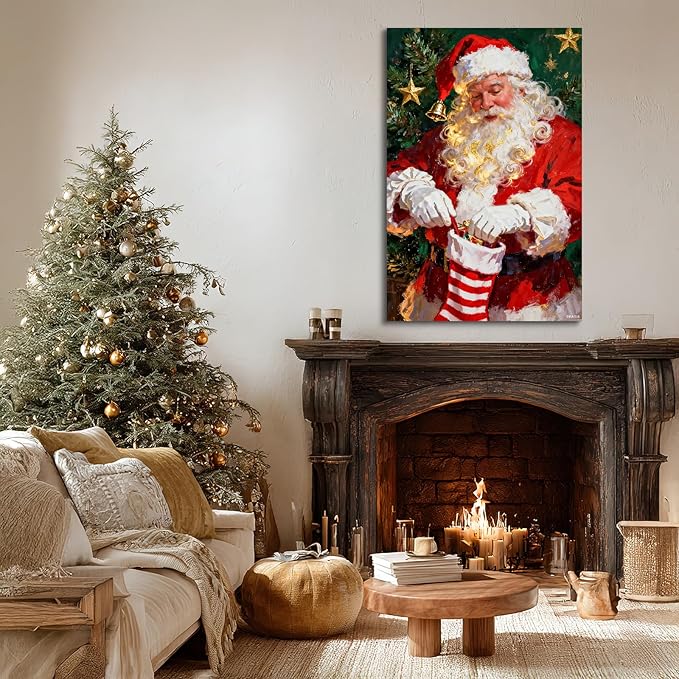 YONICA Christmas Canvas Wall Art Stocking Santa 24x36 Inch Oil Painting Filling Christmas Sock - Large Framed Gallery Wrapped Family Tradition