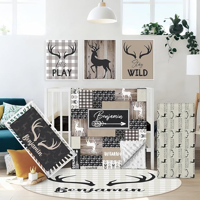 Custom Crib Bedding Set for Boys, 5 Pcs Personalized Woodland Deer Crib Set with Name, Double Layer Nursery Bedding Sets for Infant Toddlers Kids, Baby Blanket, Newborn Infant Customized Gift