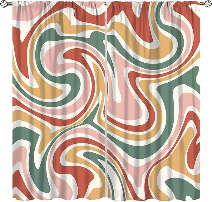 70S Abstract Wavy Swirl Curtain for Bedroom Windows,Retro Boho Minimal Teen Girls Kids Living Room Restroom Window Treatments Drapes 63"" W X 63"" L, Style-4