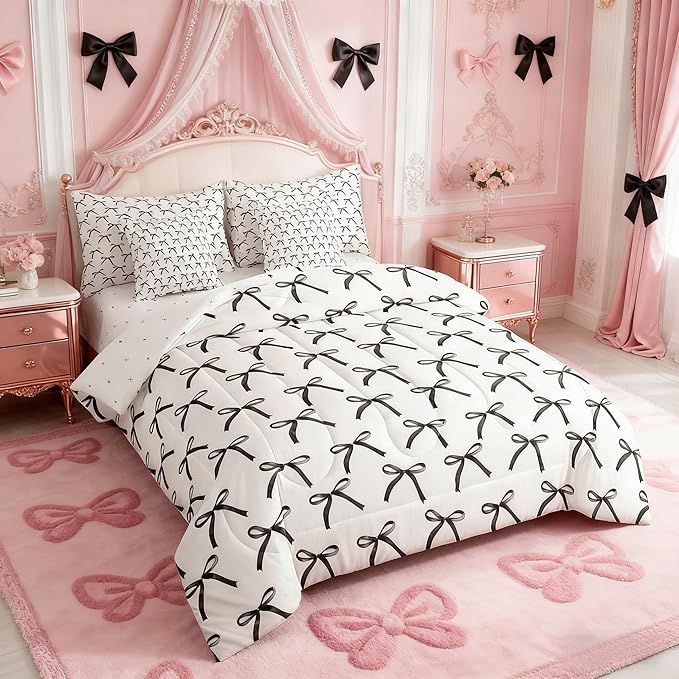 7 Pieces Cartoon Bowknot Kids Comforter Queen Size,Bow Tie Geometric Patchwork Modern Girls Bedding Set,Bow Butterfly Knot Black White（Comforter+Fitted+Flat+2 Pillowcases+2 Throw Pillow Covers）