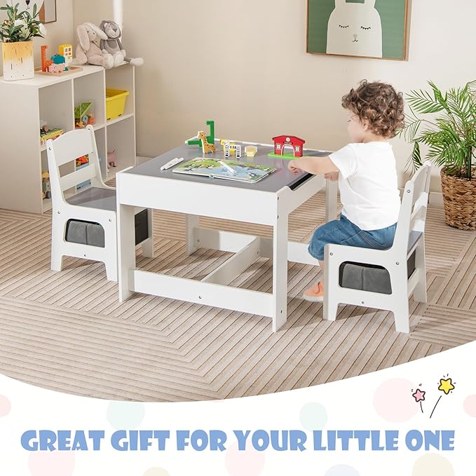 HONEY JOY Kids Table and Chairs, 3-in-1 Children Wooden Activity Set with Storage, Detachable Tabletop, for Art, Craft, Drawing, Reading, Gift for Toddlers Boys Girls 3-7 Years Old (Grey)