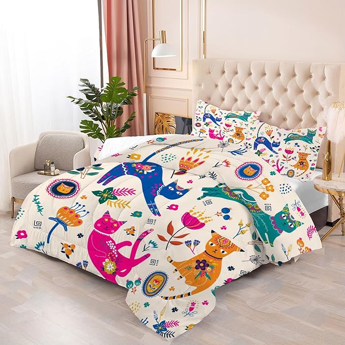 Cat Comforter Set King: Cute Floral Cats King Bedding Sets for Teen Girls Women Kids Cartoon Flowers Kawaii Animals Print Quilt Duvet Bed Set with 1 Comforter & 2 Pillowcases