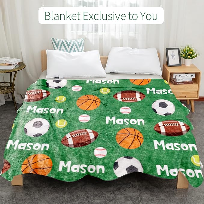 Personalized Ball Blanket with Name for Boys, Custom Name Blanket for Teen Ball, Soft Flannel Customized Gift for Birthday 50"x60"