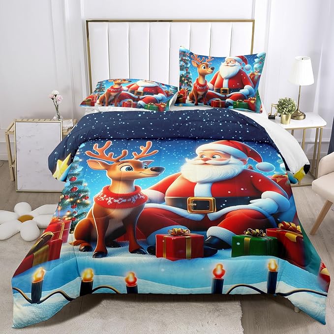 Raphus cucullatus Christmas Bedding Full,Christmas Comforter Set,Santa Claus Decor Holiday Bedding Winter Quilt,Santa Claus Comforter Set,Snowflake Navidad Quilt Set,Cute Reindeer Quilt