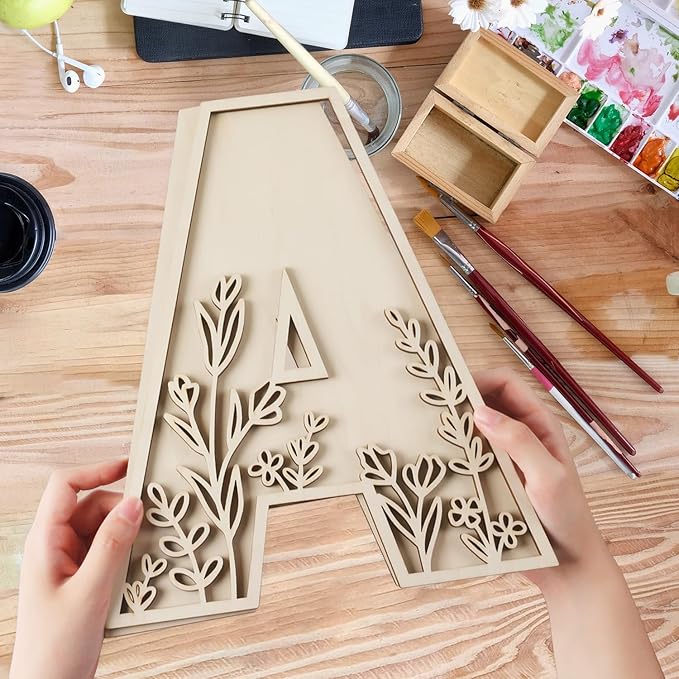 Layered 12 Inch Large Wooden Letters for Wall Decor, Flowered Paintable Wooden Nursery Letters for Crafts Wood Alphabet Letter V for Birthday Boho Nursery Name Sign Wedding Home Decoration