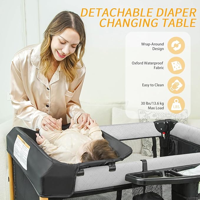 Baby Bassinet Bedside Crib for Travel with One-Hand Setup 5-in-1 Foldable Baby Playpen, Portable Pack and Play with Bassinet,Diaper Changer & Adjustable Mattress for Newborn to Toddler (Black)
