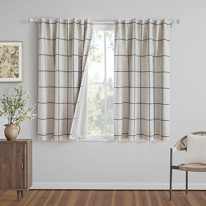 MYSKY HOME 100% Blackout Plaid Linen Curtains 45 Inches Long Double Layer Farmhouse Thermal Insulated Checkered Print Drapes with Rod Pocket Back Tab for Small Window, 2 Panels, 52" Wide, Black