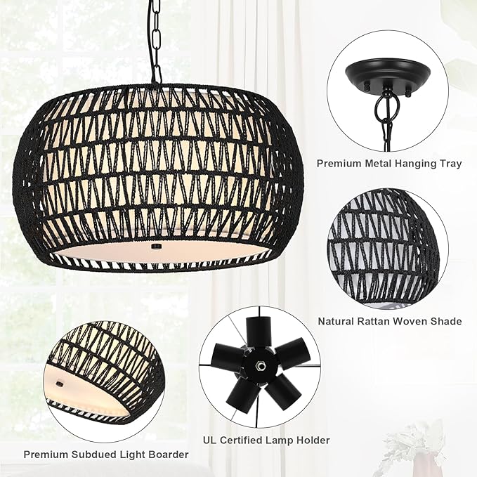 Farmhouse Chandeliers for Dining Room,5-Lights Rattan Boho Chandelier Light Fixture,Black Woven Dining Room Light Fixture with Fabric Shade,Modern Hanging Pendant Lighting for Kitchen Island Bedroom