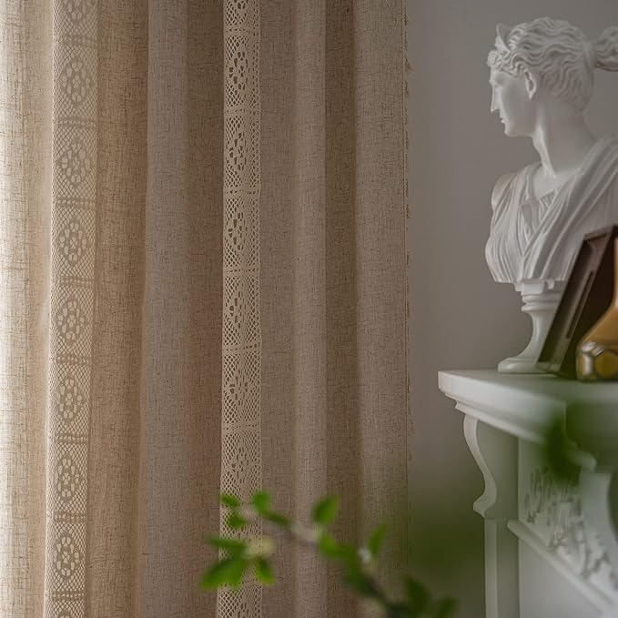 ENJOYBRIDAL Beige Curtains Crochet Lace Patchwork Drapes Curtains 84 Inch Length 2 Panels Tassel Rod Pocket Semi-Sheer Boho Bedroom Living Room Farmhouse Rustic Window Curtain Panels