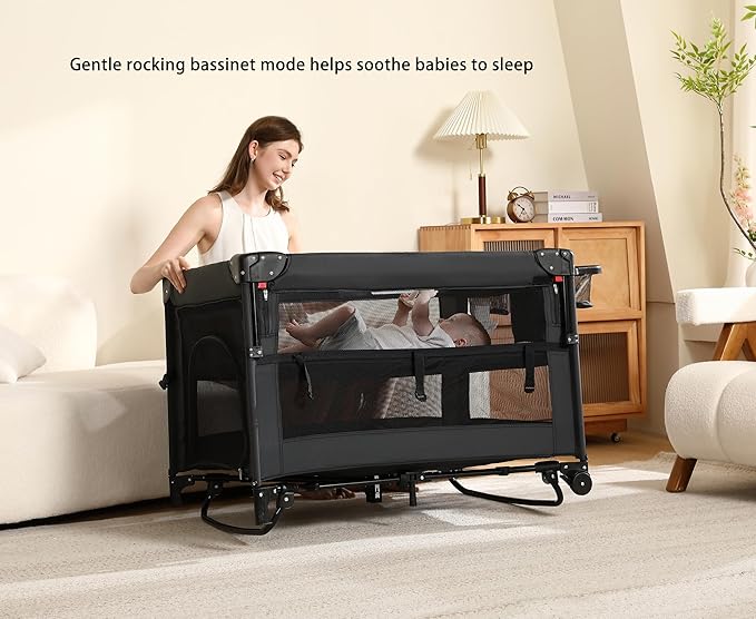 Pack and Play, 5 in 1 Baby Playard – Portable Crib, Bassinet, Bedside Sleeper, Changing Table & Playpen | Breathable Mesh | Safe & Foldable for Newborns to Toddlers (Black)