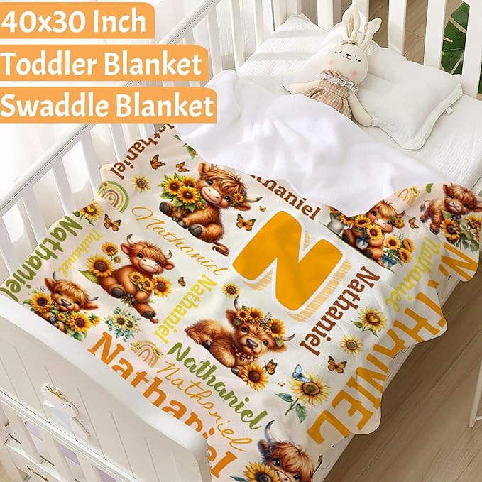 Personalized Custom Sunflower Highland Cow Preschool Blanket Gifts for Baby Toddler Kids Boys Girls Pets - Customized Sunflower Highland Cow Super Soft Flannel Sheets 30"x40" Decor for Crib Nap Couch
