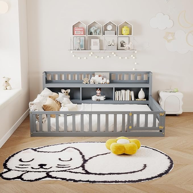 mikibama Full Size Floor Bed with Side Bookcase and Shelves, Montessori Floor Bed with Guardrails for Bedroom, Wood Full Floor Bed Frame with Storage for Girls, Boys, Grey