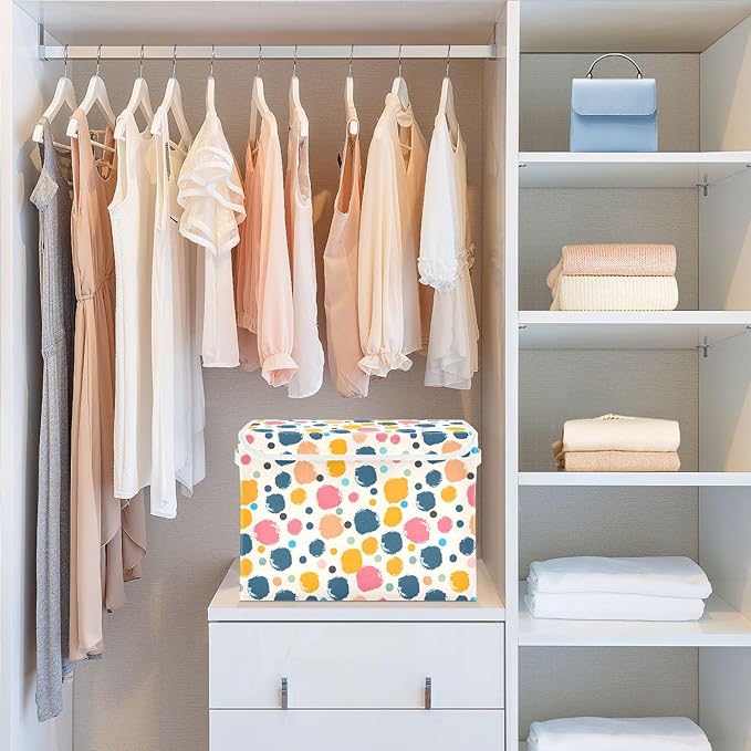 senya Large Storage Bins with Linen Collapsible Foldable Storage Cubes Fabric Closet Organizer Containers box with Flip-Top Lid for Home Bedroom Office 16.7 x 12.6 x 11.8in (Polka Dots)