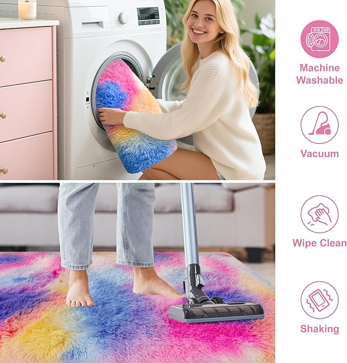 Dark Rainbow Rug for Kids Room 6x9 Cute Fluffy Kids Area Rugs for Bedroom Girls Boys Teens Dorm Toddler Nursery Soft Plush Fuzzy Shag Carpet for Living Room Indoor Floor Shaggy Rug Non Slip