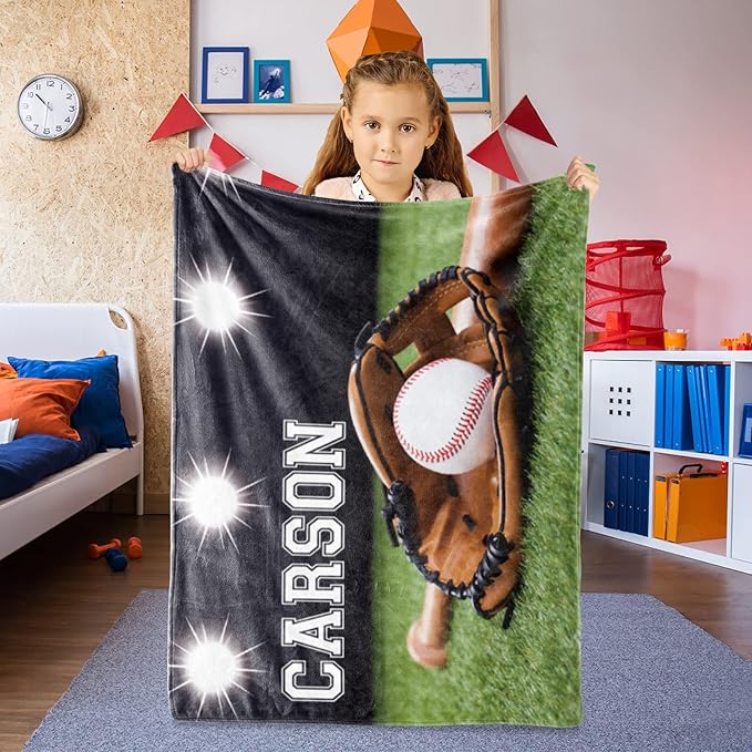 Baby Boys Personalized Baseball Blanket - Custom Name and Number - Soft Warm and Fluffy Flannel Fabric Gift for Sports Lovers 40x50inch